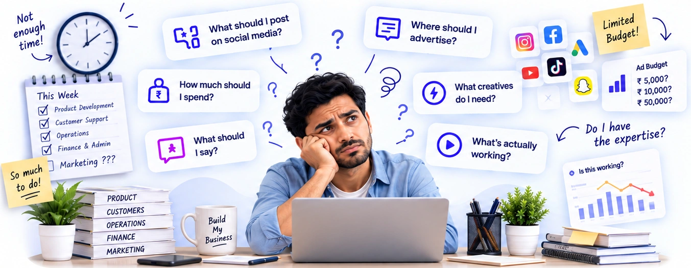 Business owner overwhelmed by advertising decisions, budget, creatives, and platforms
